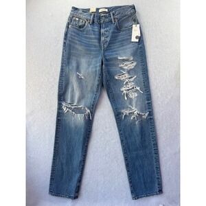 NEW AE77 American Eagle Jeans 00 Womens Blue Slouch Denim Distressed Straight